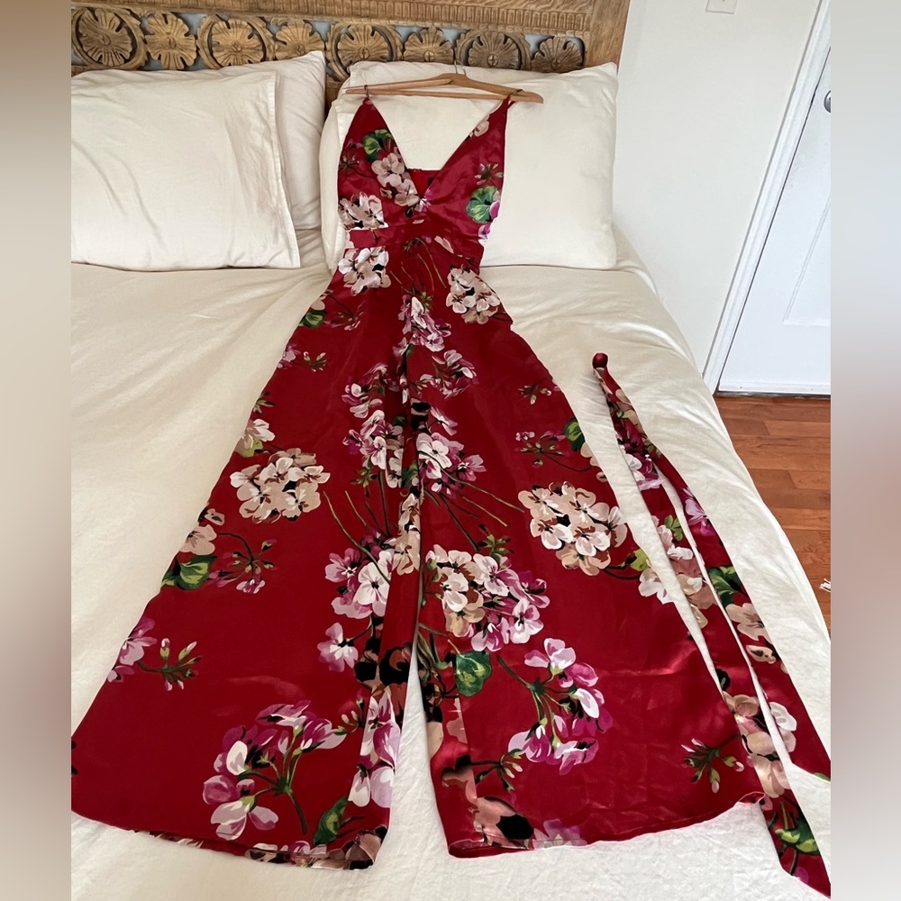 Red Floral Print Silky Jumpsuit